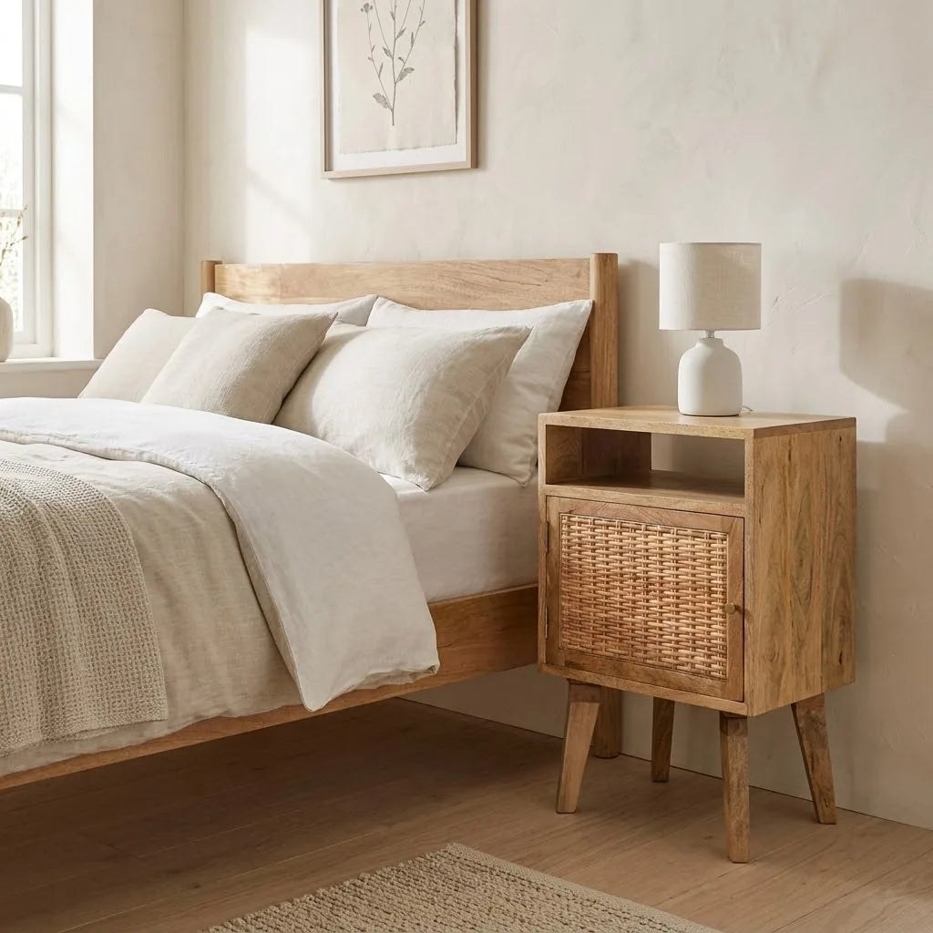 Rattan Door Bedside Cabinet beside a bed with linen bedding, with a table lamp on top