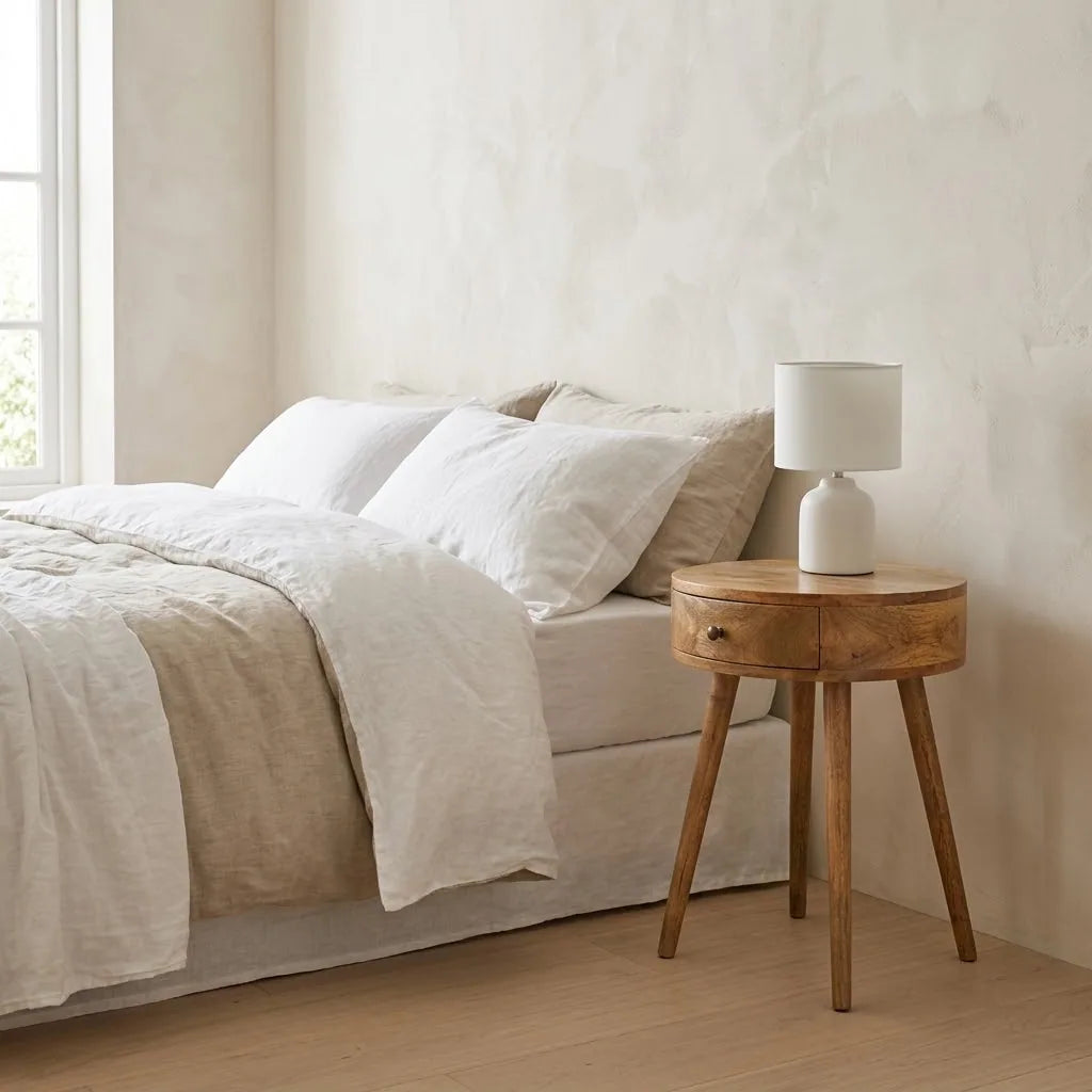 Round Bedside Table beside a bed with linen bedding, with a table lamp on top
