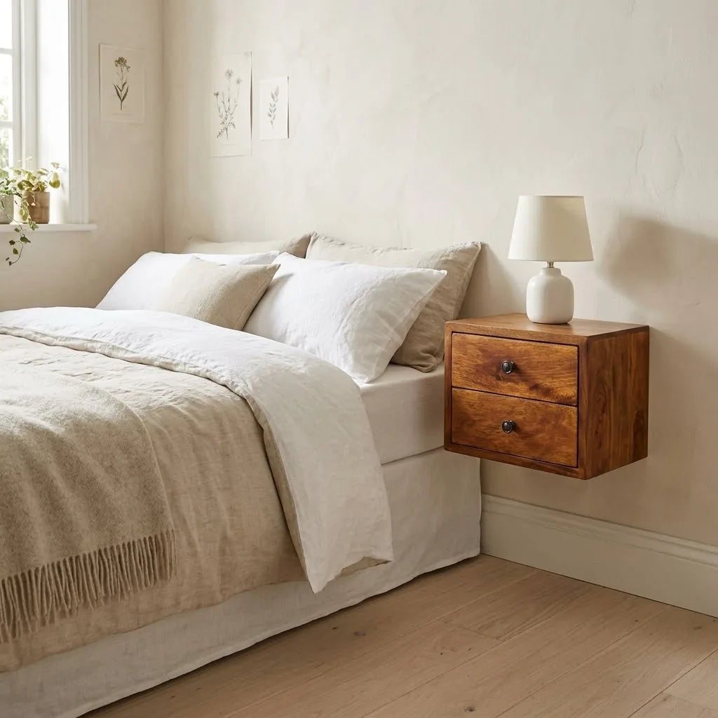 Severn 30 cm Wall Mounted Bedside Table fixed to the wall beside a bed, with a table lamp on top