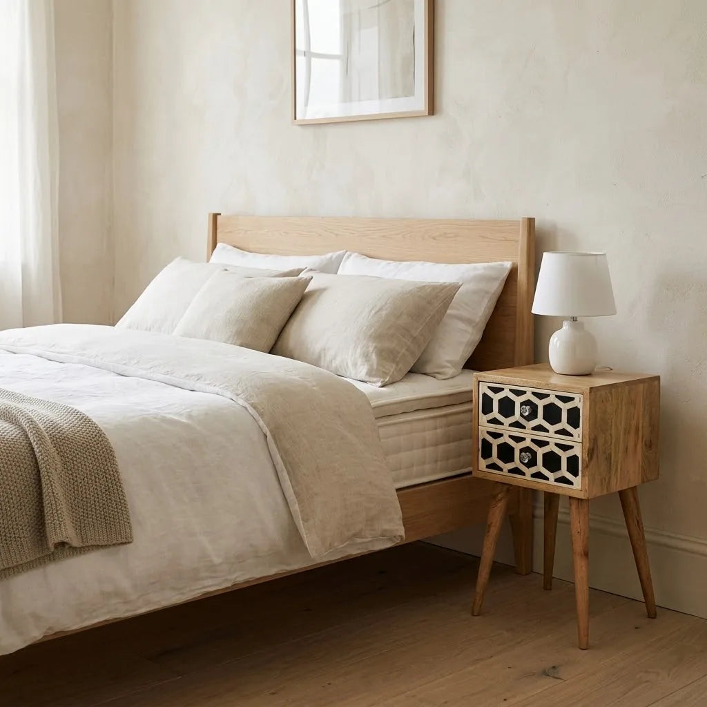 Small Bedside Table beside a bed with linen bedding, with a table lamp on top