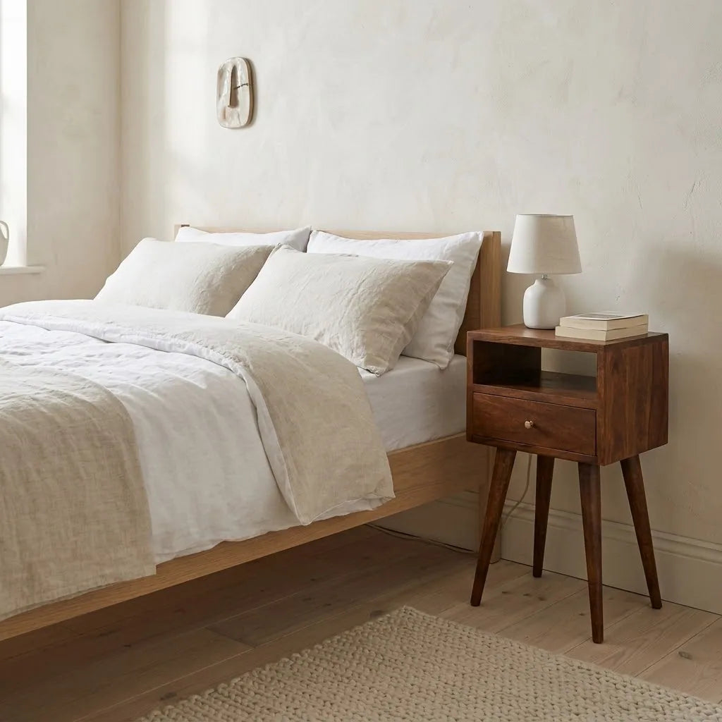 Small Bedside Table beside a bed with linen bedding, with a table lamp on top
