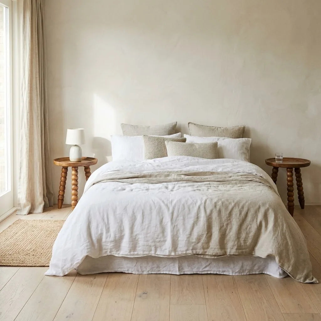 Swale 40 cm Tray Top Bedside Tables, one on each side of a bed with linen bedding