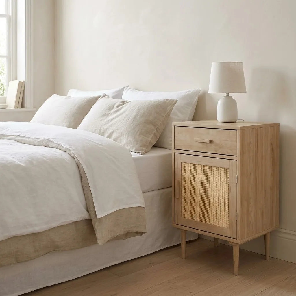 Tall Rattan Bedside Table beside a bed with linen bedding, with a table lamp on top