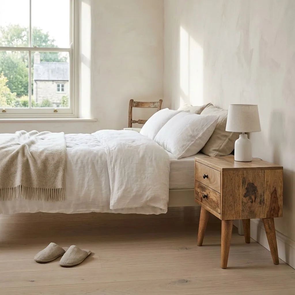 Tamar 35 cm Bedside Table beside a bed with linen bedding, with a table lamp on top