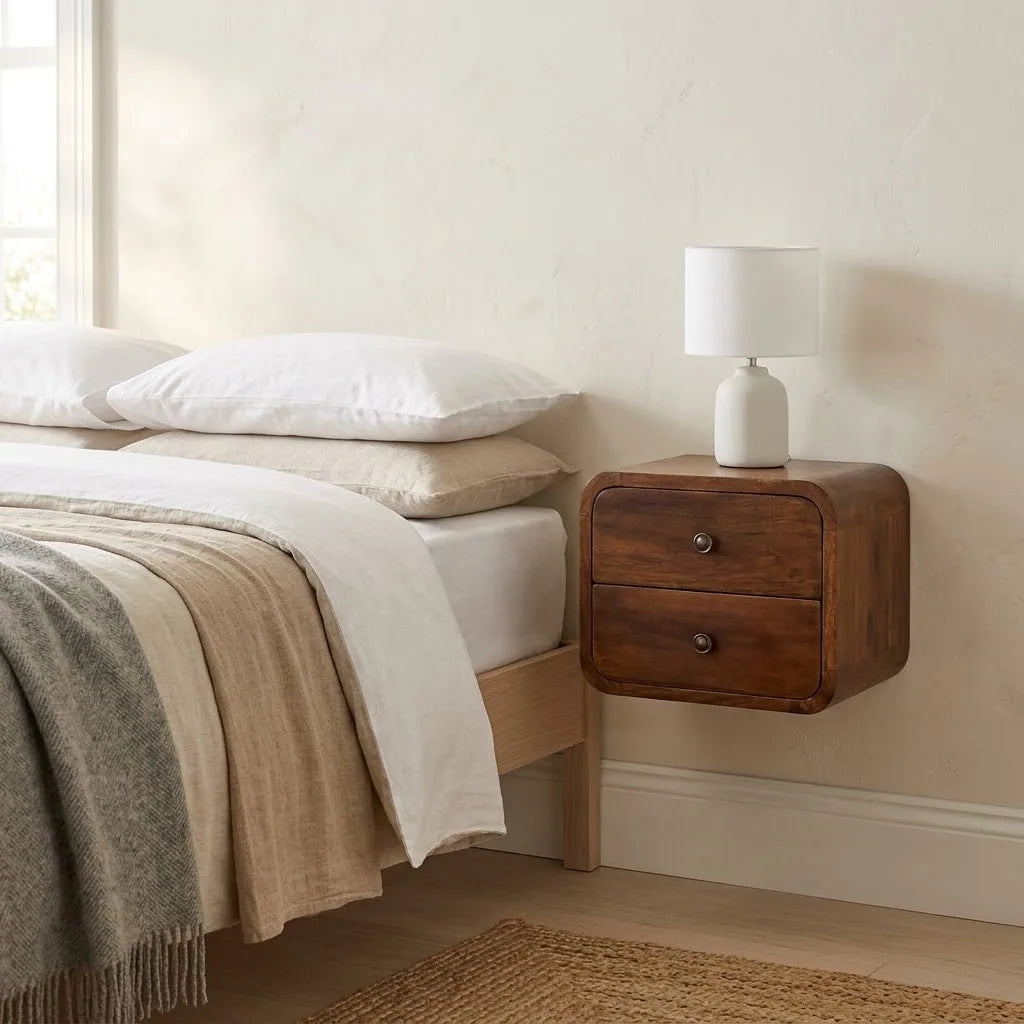 Wall Mounted Bedside Table fixed to the wall beside a bed, with a table lamp on top