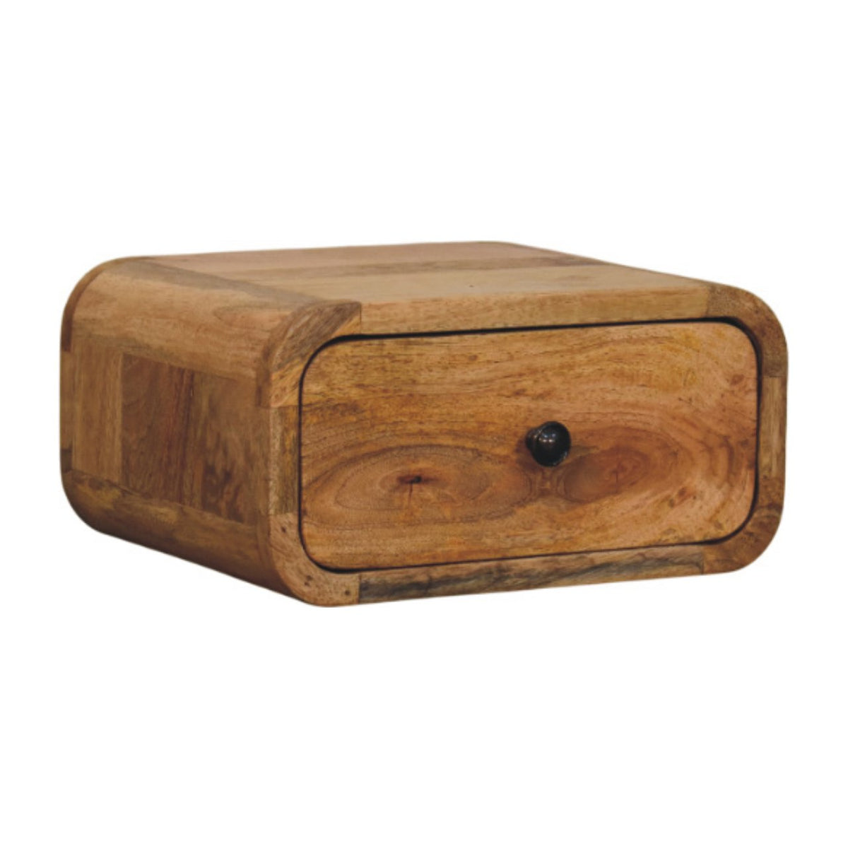 Light wall mounted bedside table with one drawer, three-quarter view