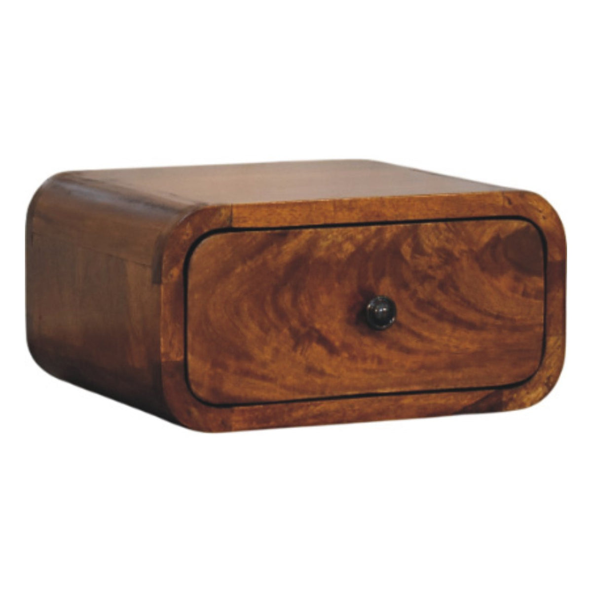 Chestnut wall mounted bedside table with one drawer, three-quarter view