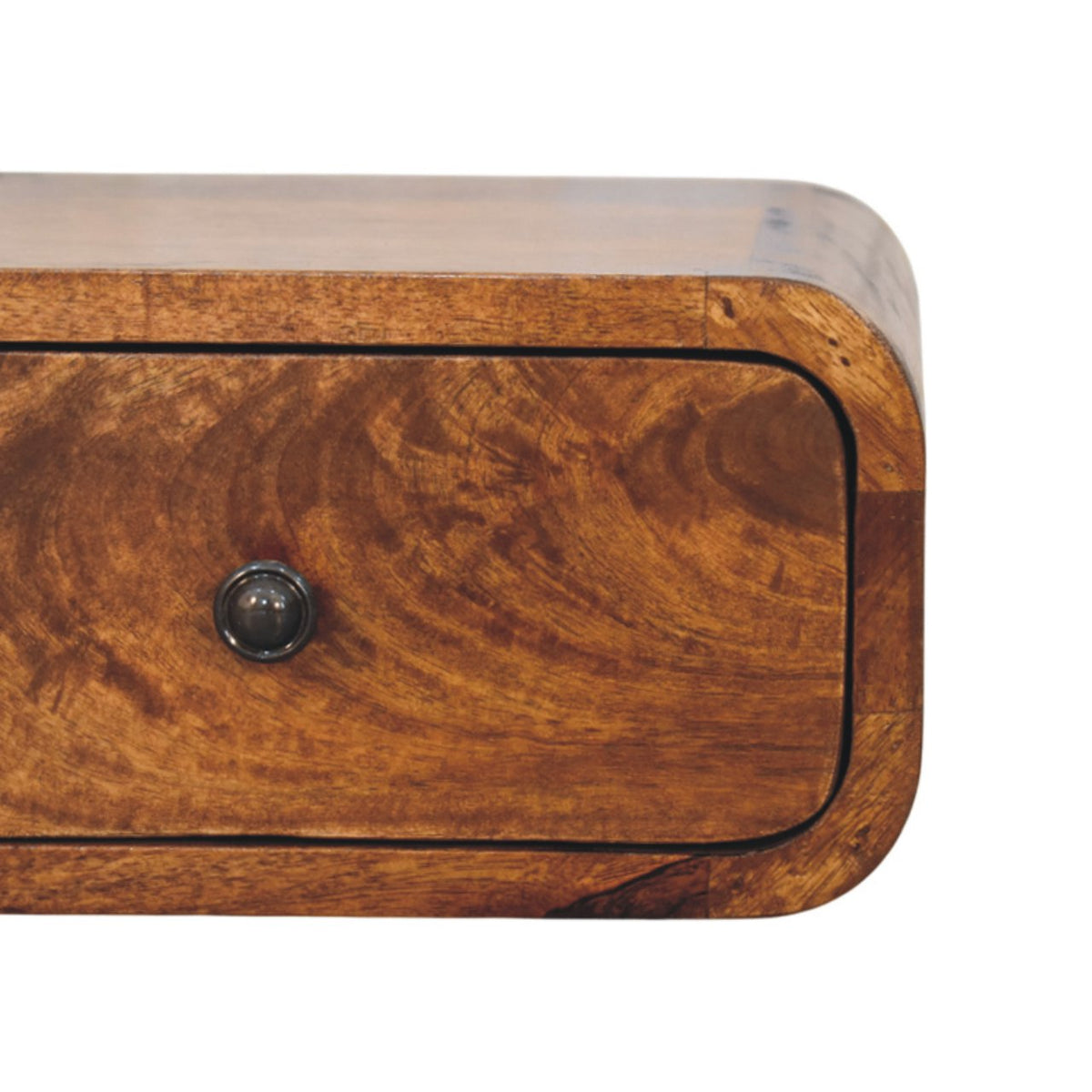 Close-up of the chestnut drawer front and knob