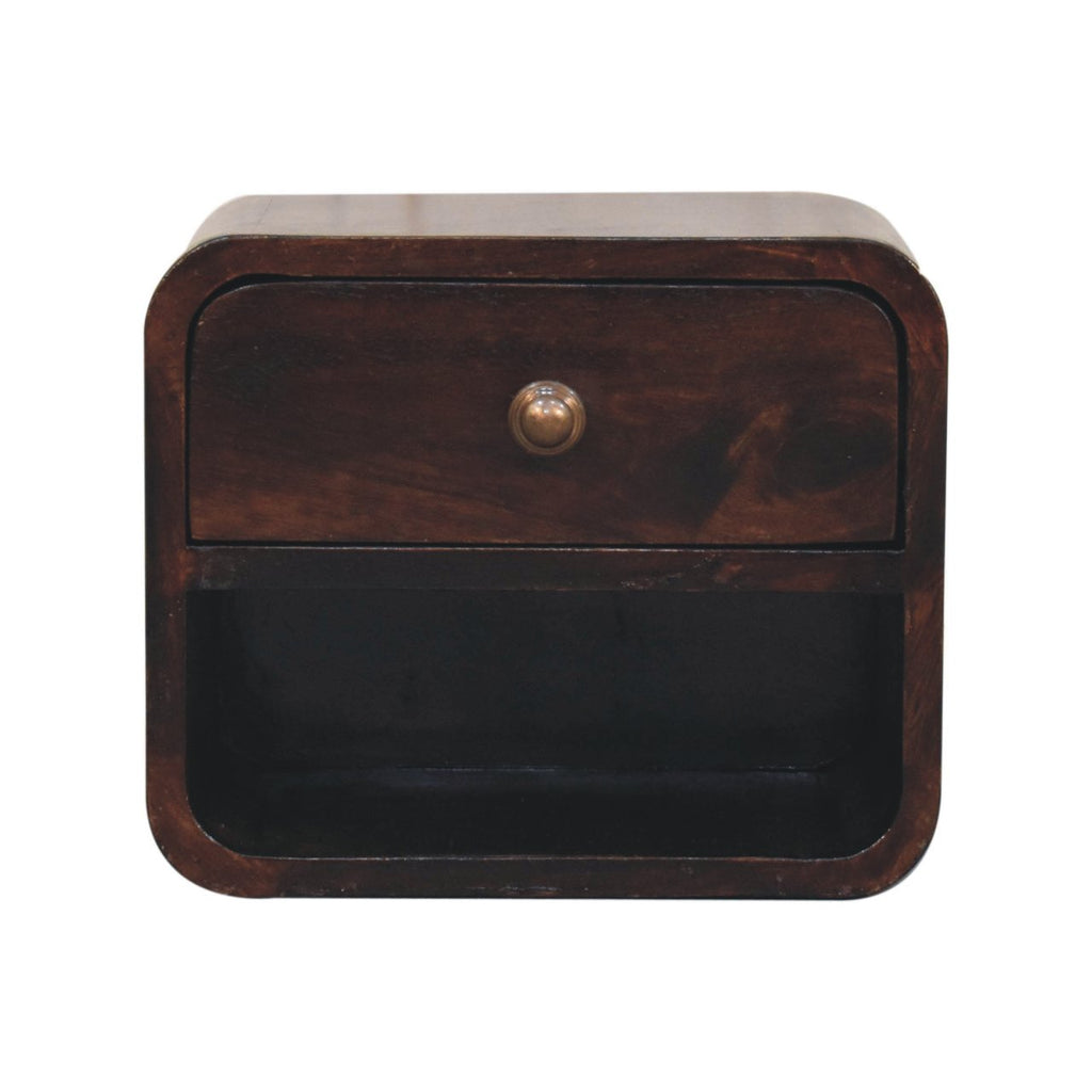 Wall-mounted bedside table, 30 cm wide, dark walnut brown, front view with drawer and open slot