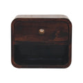 Wall-mounted bedside table, 30 cm wide, dark walnut brown, front view with drawer and open slot