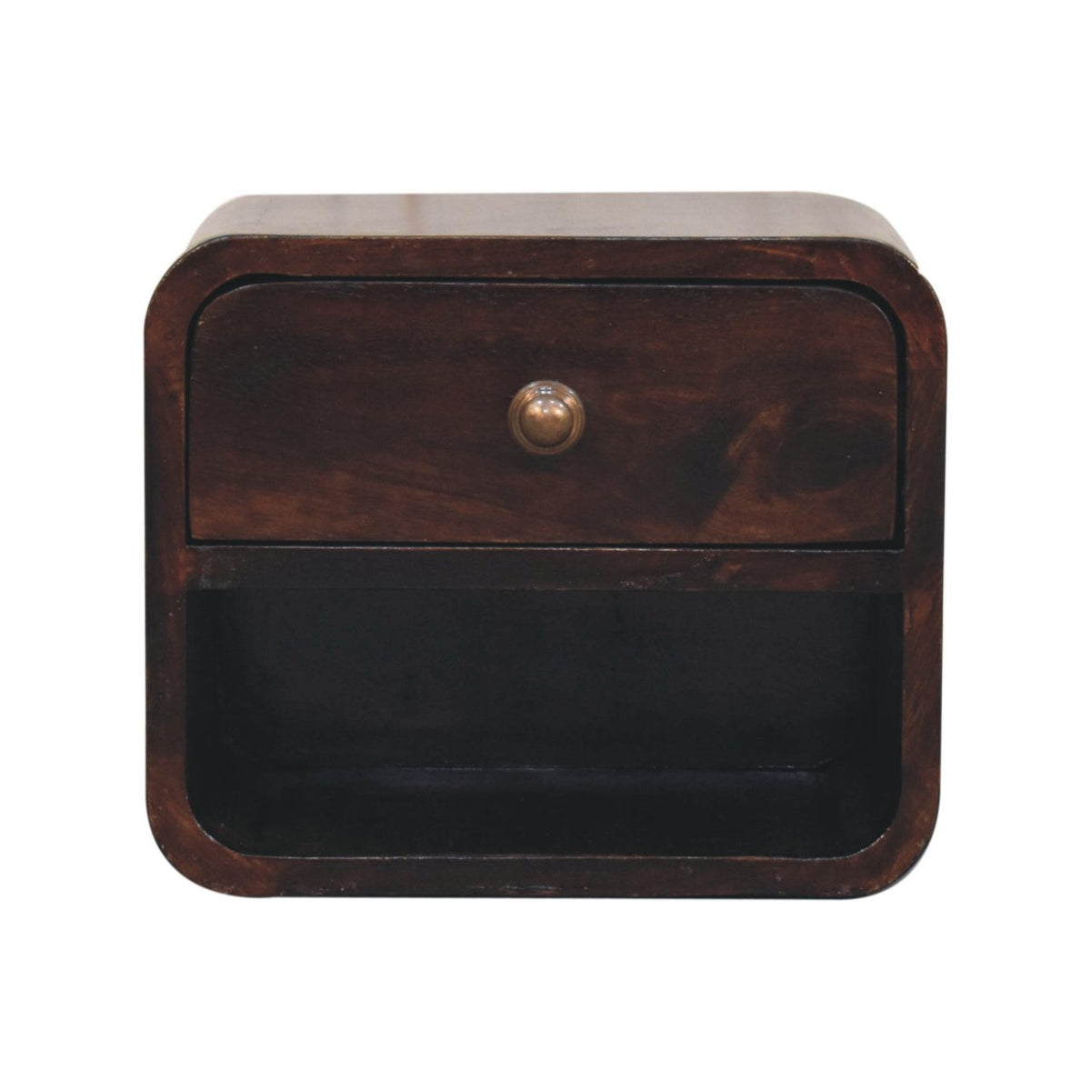 Wall-mounted bedside table, 30 cm wide, dark walnut brown, front view with drawer and open slot