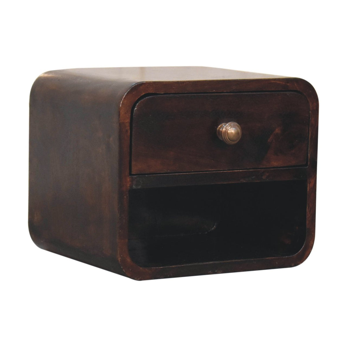 Wall-mounted bedside table, 30 cm wide, dark walnut brown, three-quarter view of the curved design