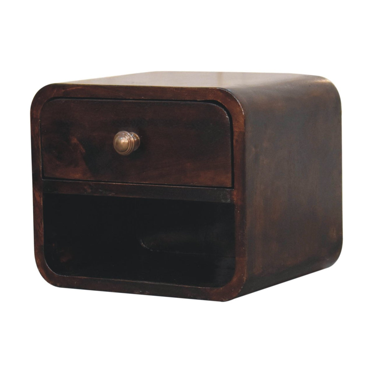 Wall-mounted bedside table, 30 cm wide, dark walnut brown, angled view showing the open slot below