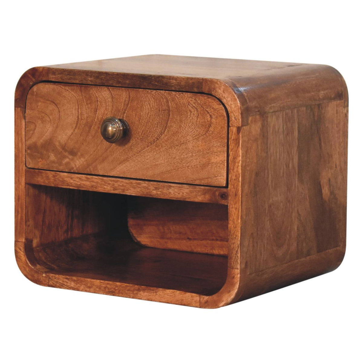Wall-mounted bedside table, 30 cm wide, honey caramel tone, three-quarter view with drawer and slot