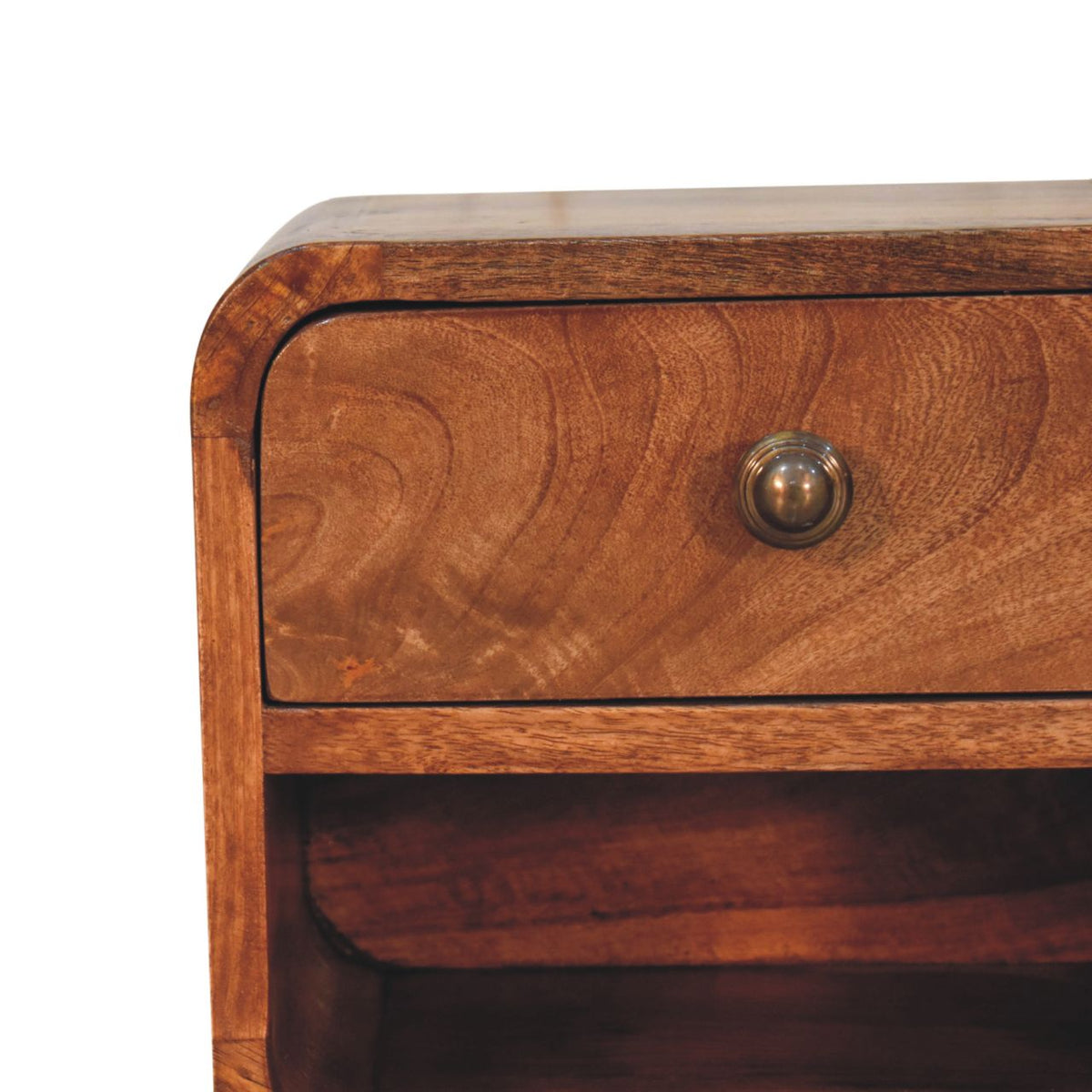 Close-up of the drawer knob and wood grain on a honey caramel wall-mounted bedside table, 30 cm
