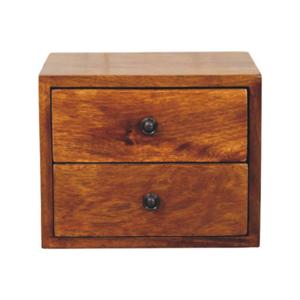 Wall-mounted bedside table with 2 drawers, 30 cm wide, chestnut brown, front view