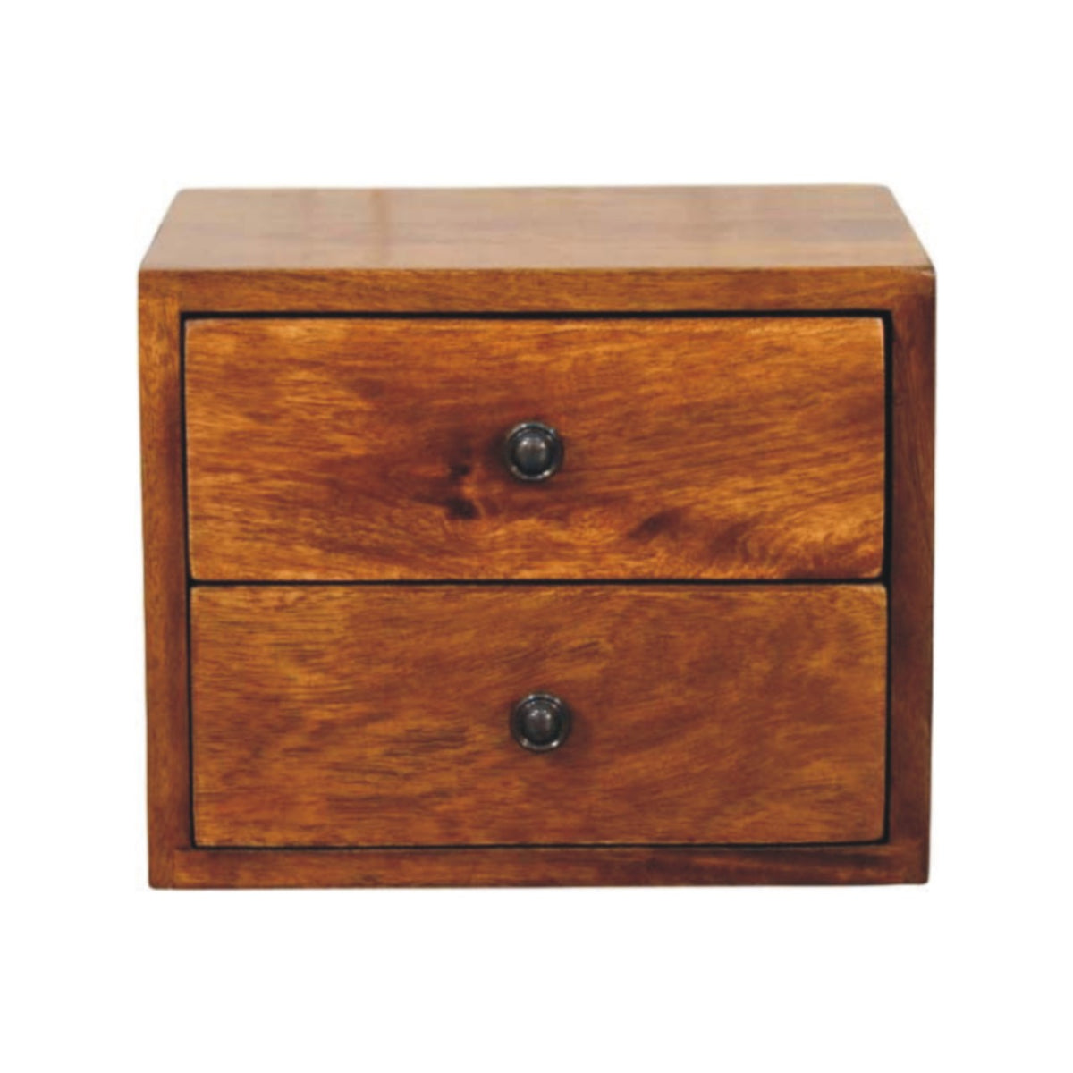 Wall-mounted bedside table with 2 drawers, 30 cm wide, chestnut brown, front view