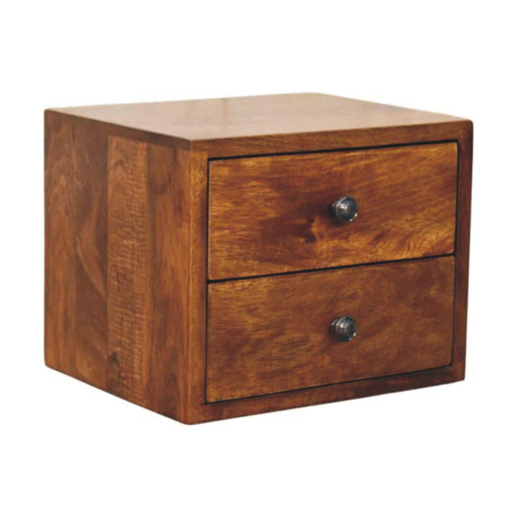 Wall-mounted bedside table with 2 drawers, 30 cm wide, chestnut brown, three-quarter view