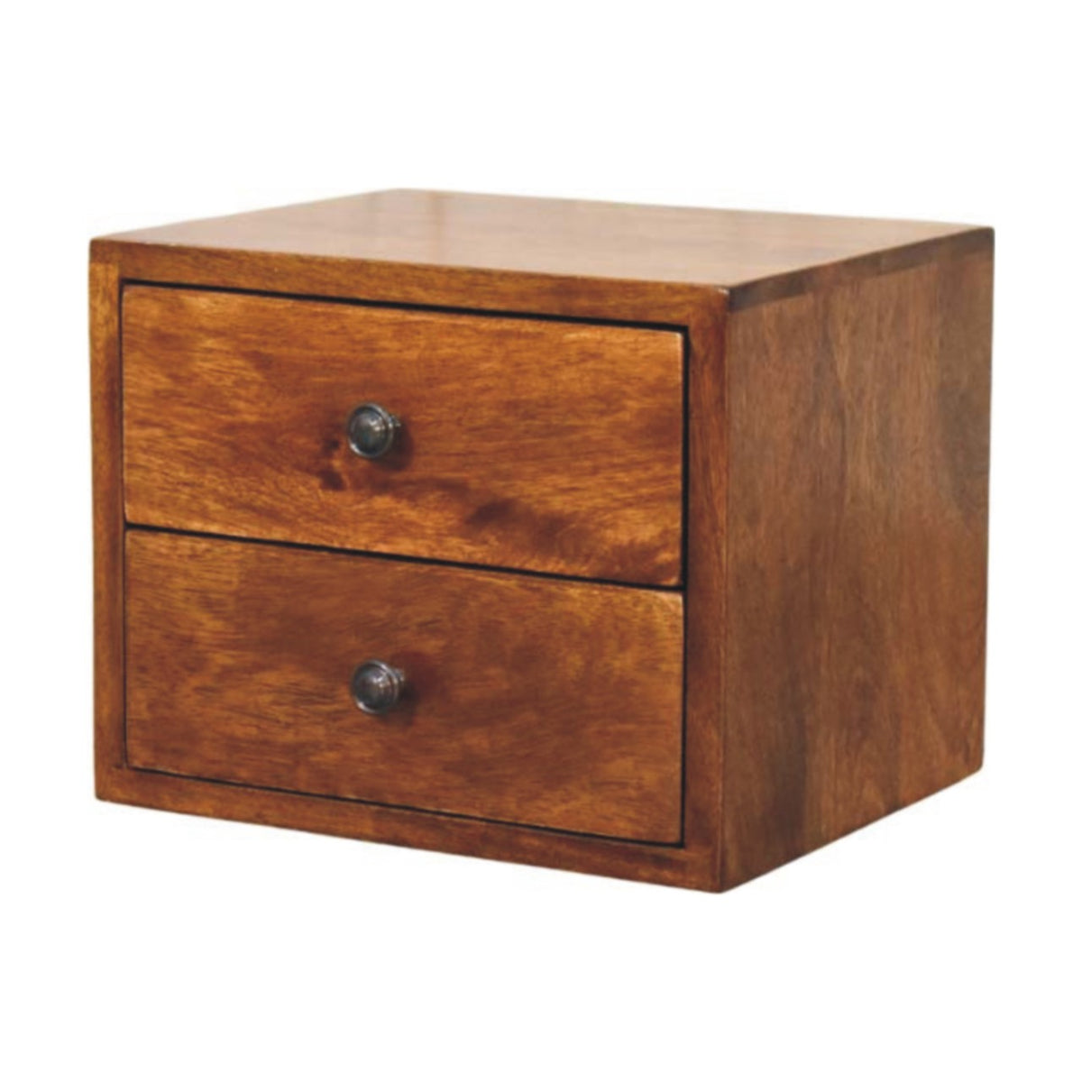 Wall-mounted bedside table with 2 drawers, 30 cm wide, chestnut brown, angled side view