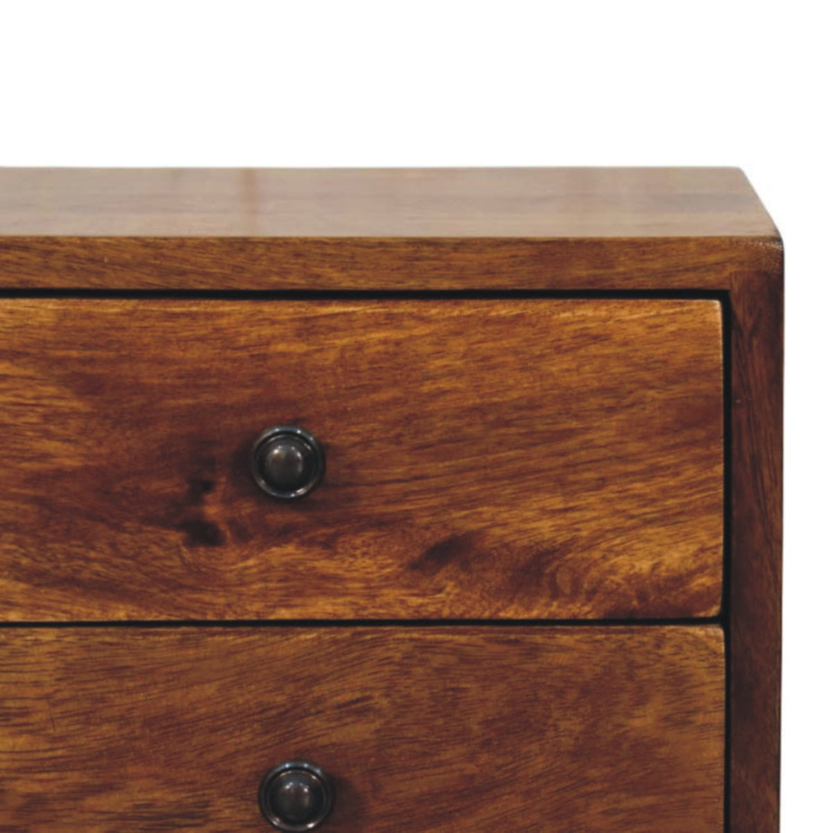 Close-up of the top corner and drawer knobs on a chestnut brown 2-drawer bedside table