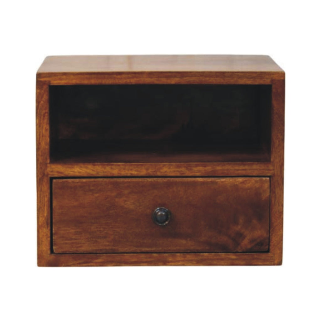 Wall-mounted bedside table, 30 cm wide, chestnut brown, front view with drawer and open shelf
