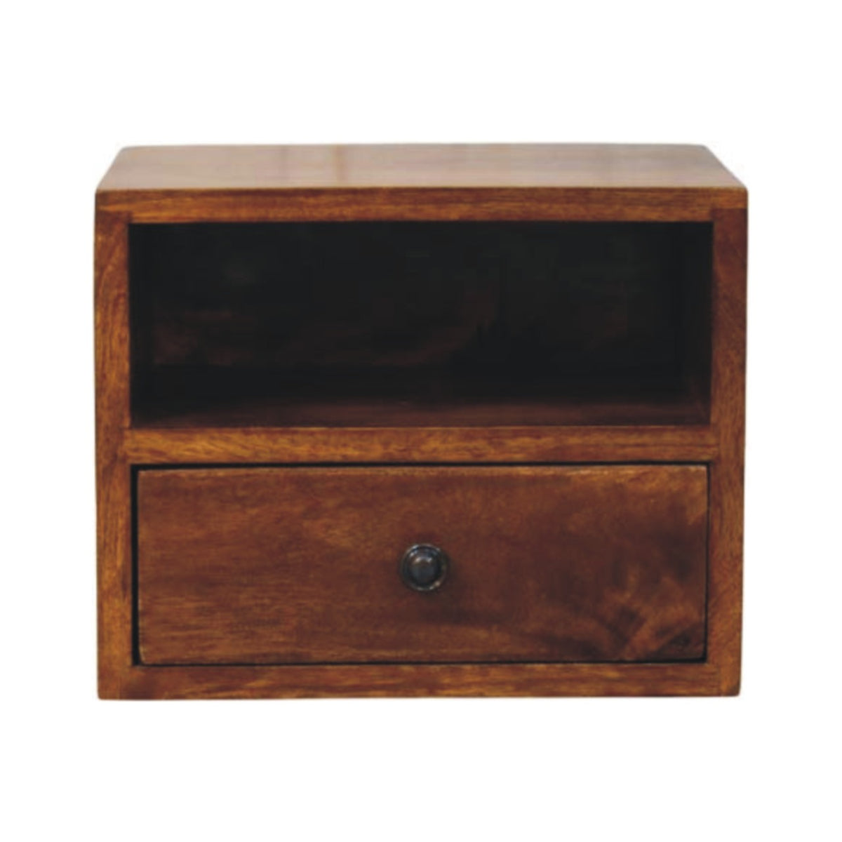 Wall-mounted bedside table, 30 cm wide, chestnut brown, front view with drawer and open shelf