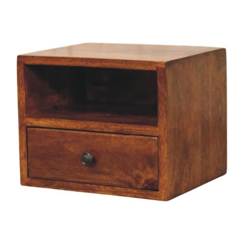 Wall-mounted bedside table, 30 cm wide, chestnut brown, three-quarter view of drawer and shelf