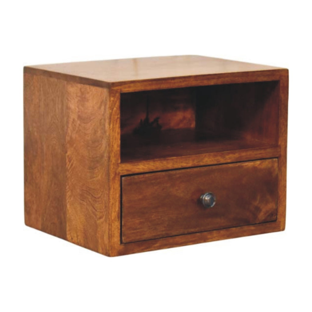 Wall-mounted bedside table, 30 cm wide, chestnut brown, angled view highlighting the wood grain