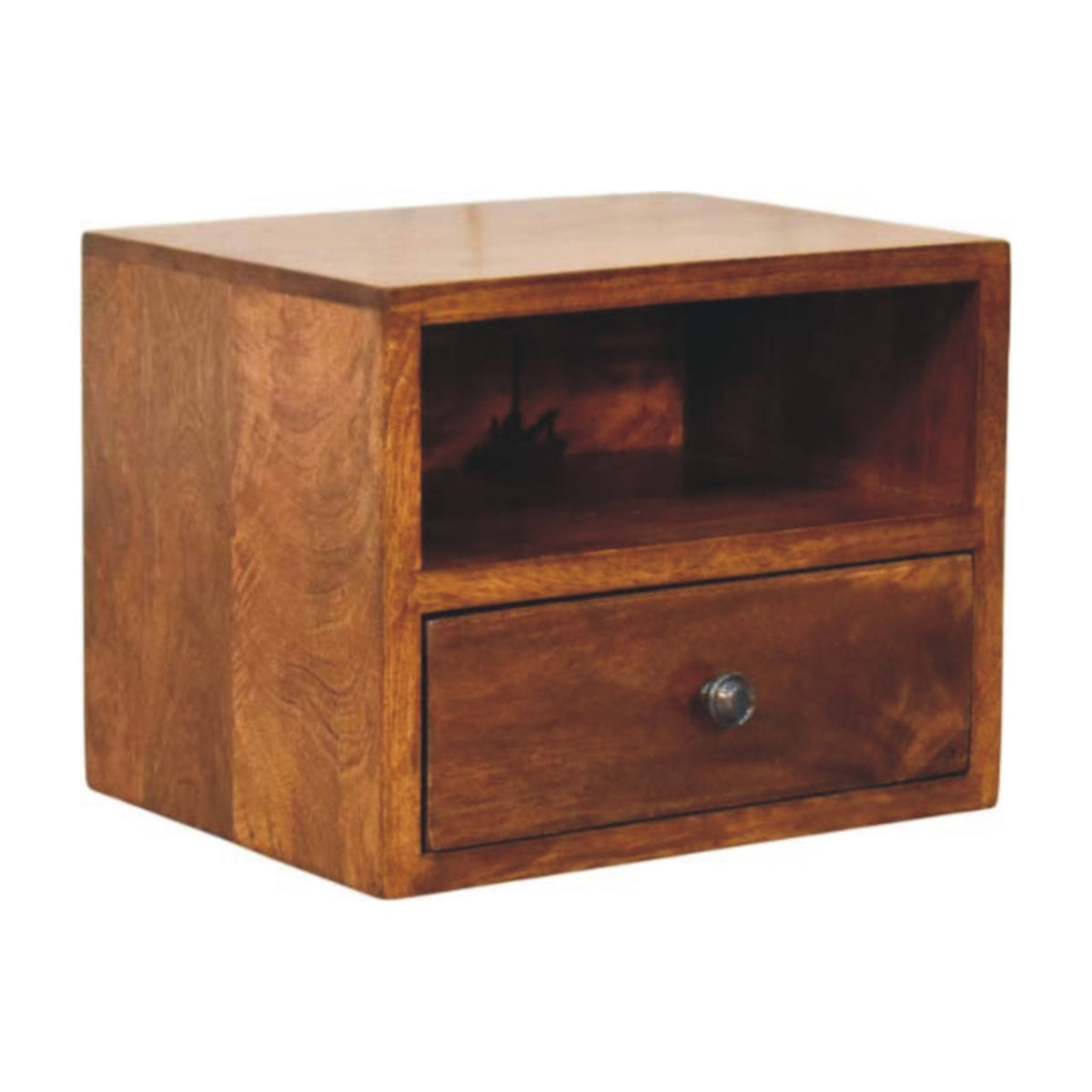 Wall-mounted bedside table, 30 cm wide, chestnut brown, angled view highlighting the wood grain