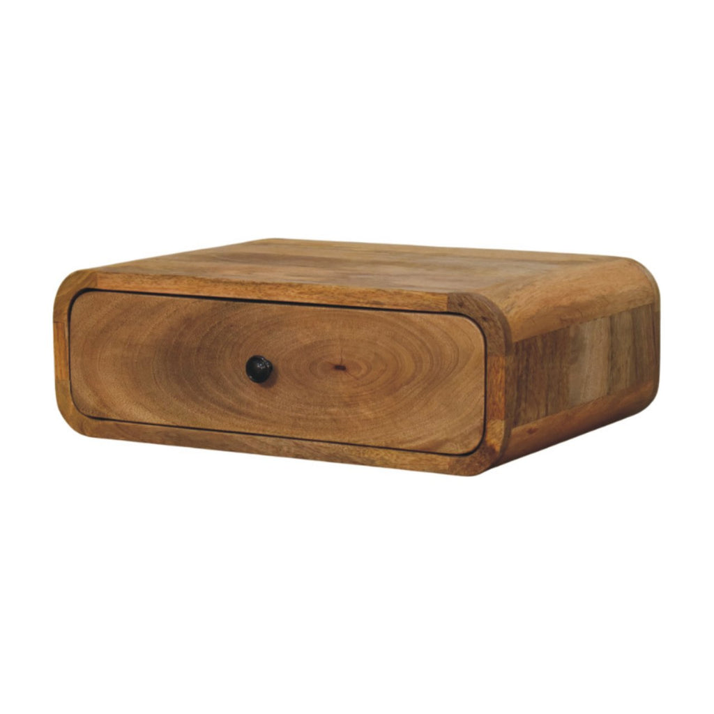 Wall-mounted bedside table with drawer, 45 cm wide, light finish, side three-quarter view