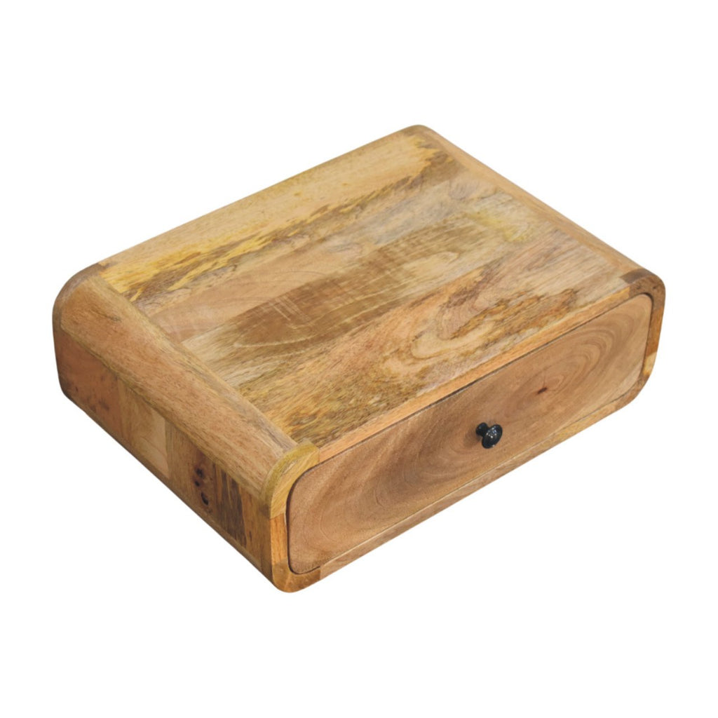 Wall-mounted bedside table with drawer, 45 cm wide, light tone, top-down three-quarter view