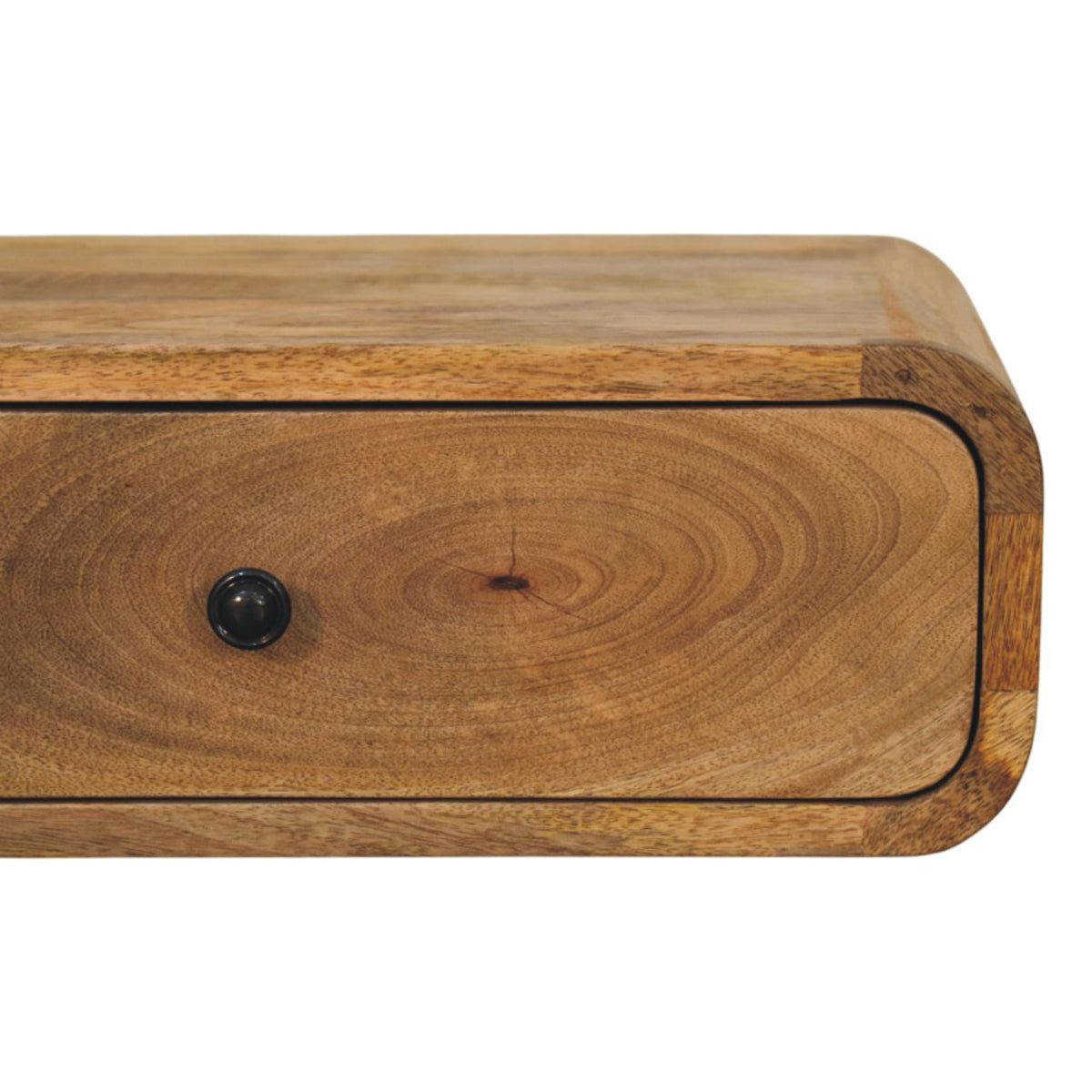 Wall-mounted bedside table, 45 cm wide, close-up of the light wood grain and drawer knob