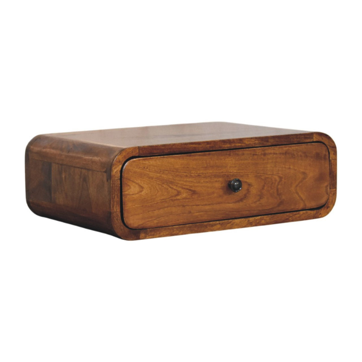 Wall-mounted bedside table with drawer, 45 cm wide, chestnut brown wood, angled view