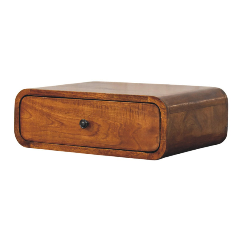 Wall-mounted bedside table with drawer, 45 cm wide, chestnut finish, side three-quarter view