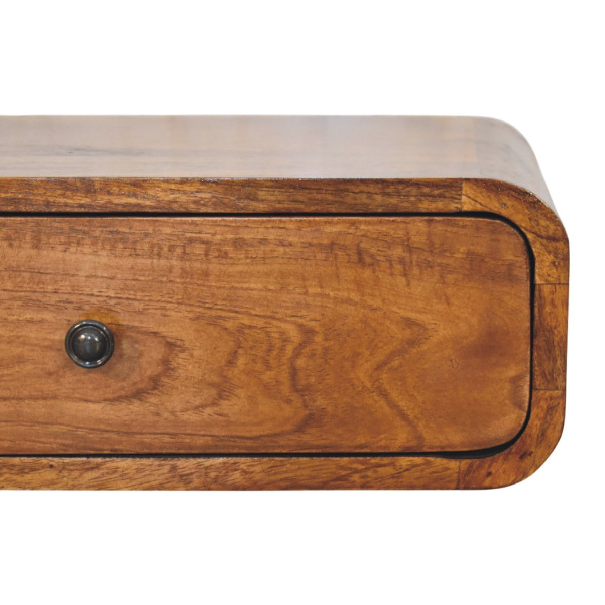 Wall-mounted bedside table, 45 cm wide, close-up of the chestnut wood grain and drawer knob