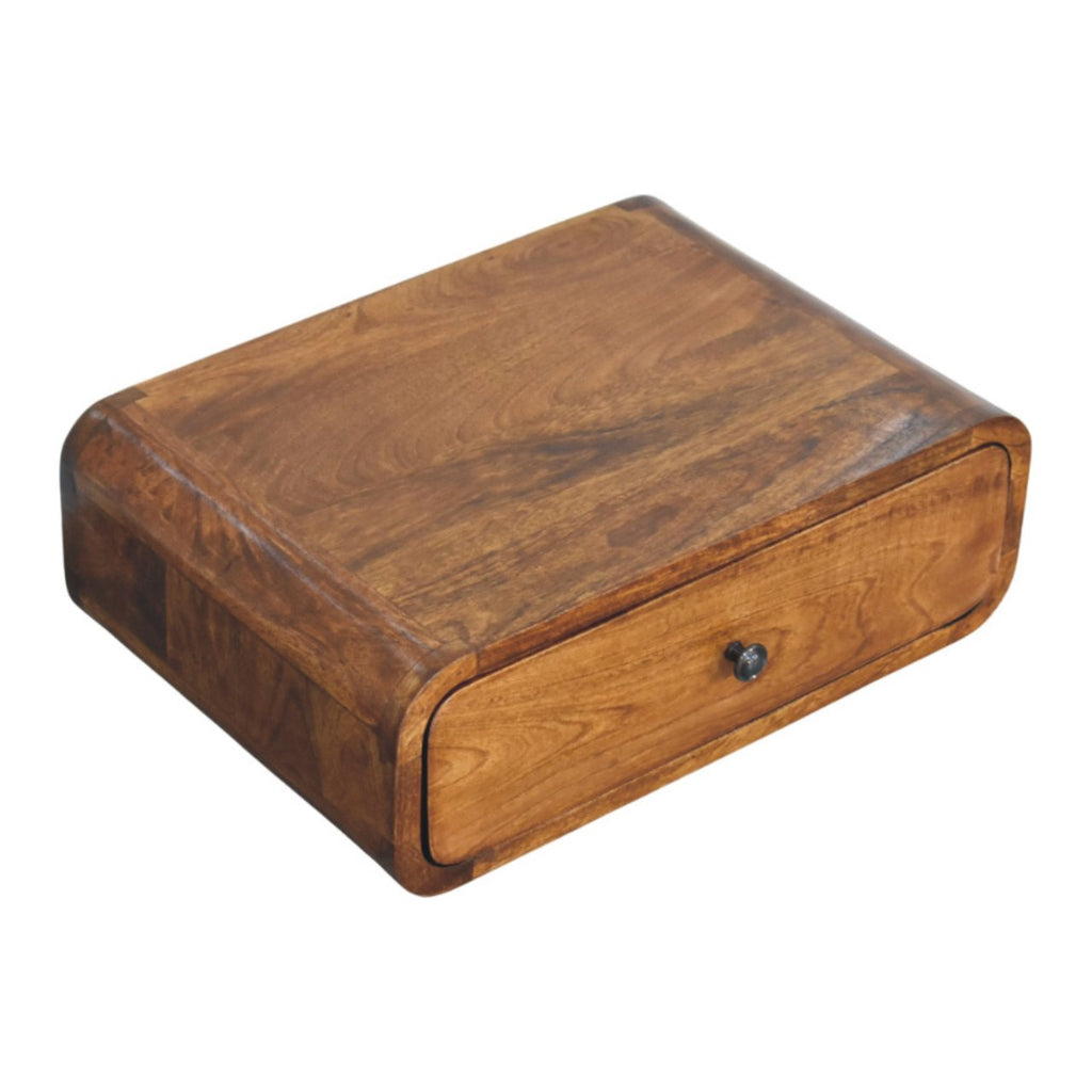 Wall-mounted bedside table with drawer, 45 cm wide, chestnut tone, top-down three-quarter view