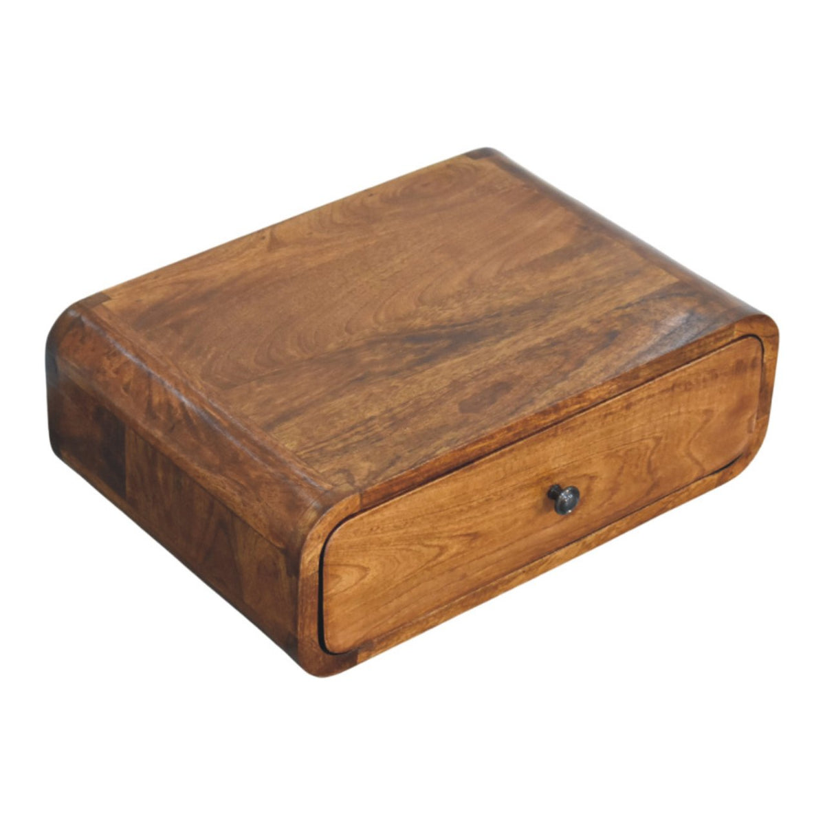 Wall-mounted bedside table with drawer, 45 cm wide, chestnut tone, top-down three-quarter view
