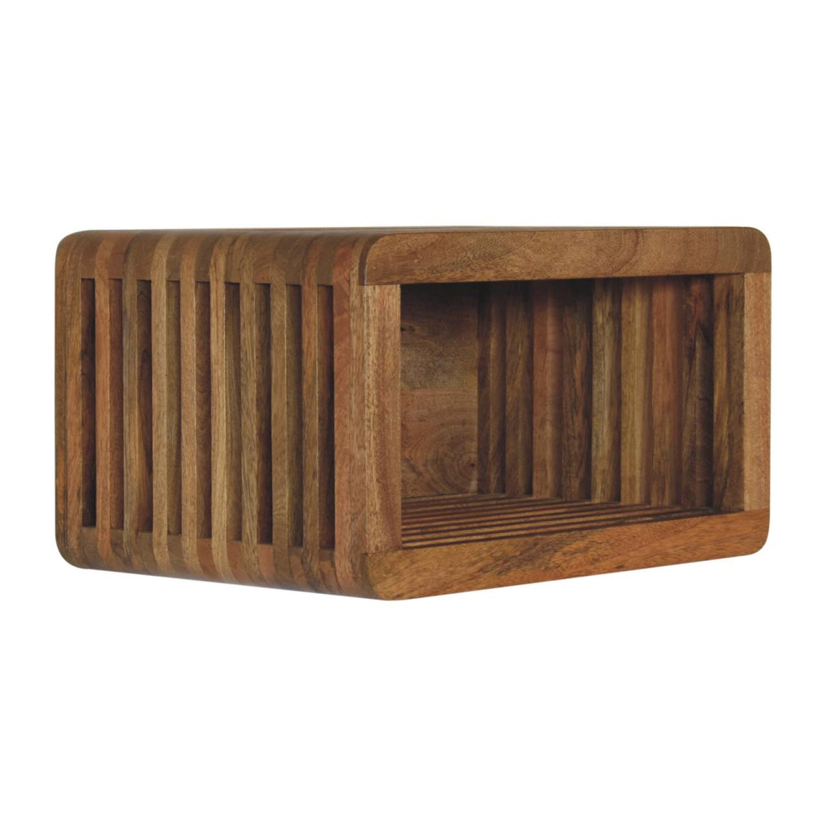 Wall-mounted bedside table with open shelf, 45 cm wide, light, angled view with ribbed side