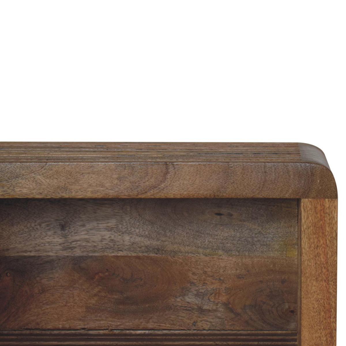 Wall-mounted bedside table, 45 cm wide, close-up of the light top corner and wood grain