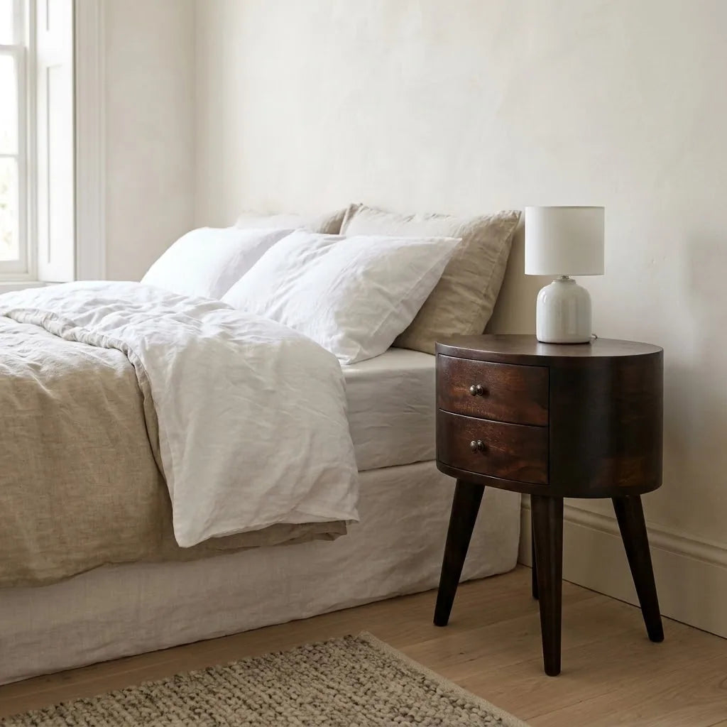 Walnut Finish Bedside Table beside a bed with linen bedding, with a table lamp on top