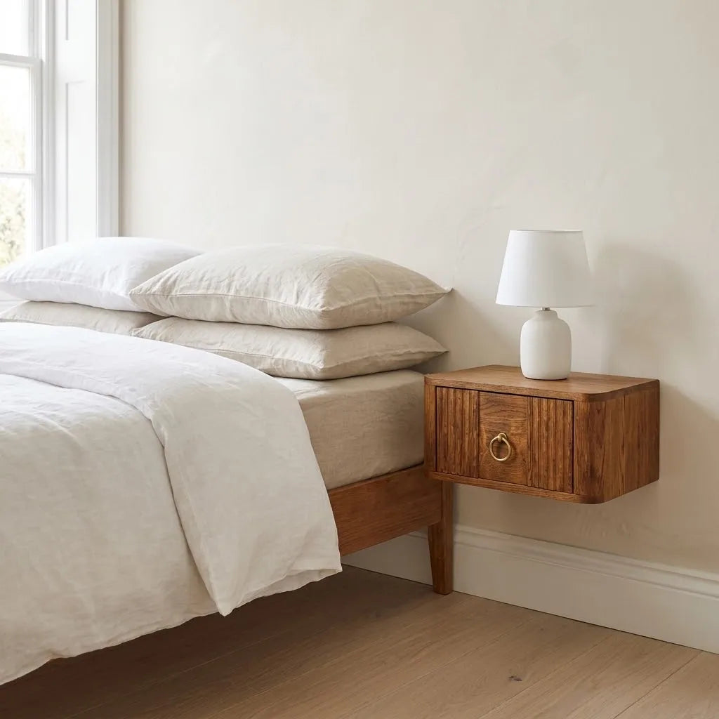 Wey 35 cm Oak Floating Bedside Table with Drawer fixed to the wall beside a bed, with a table lamp on top