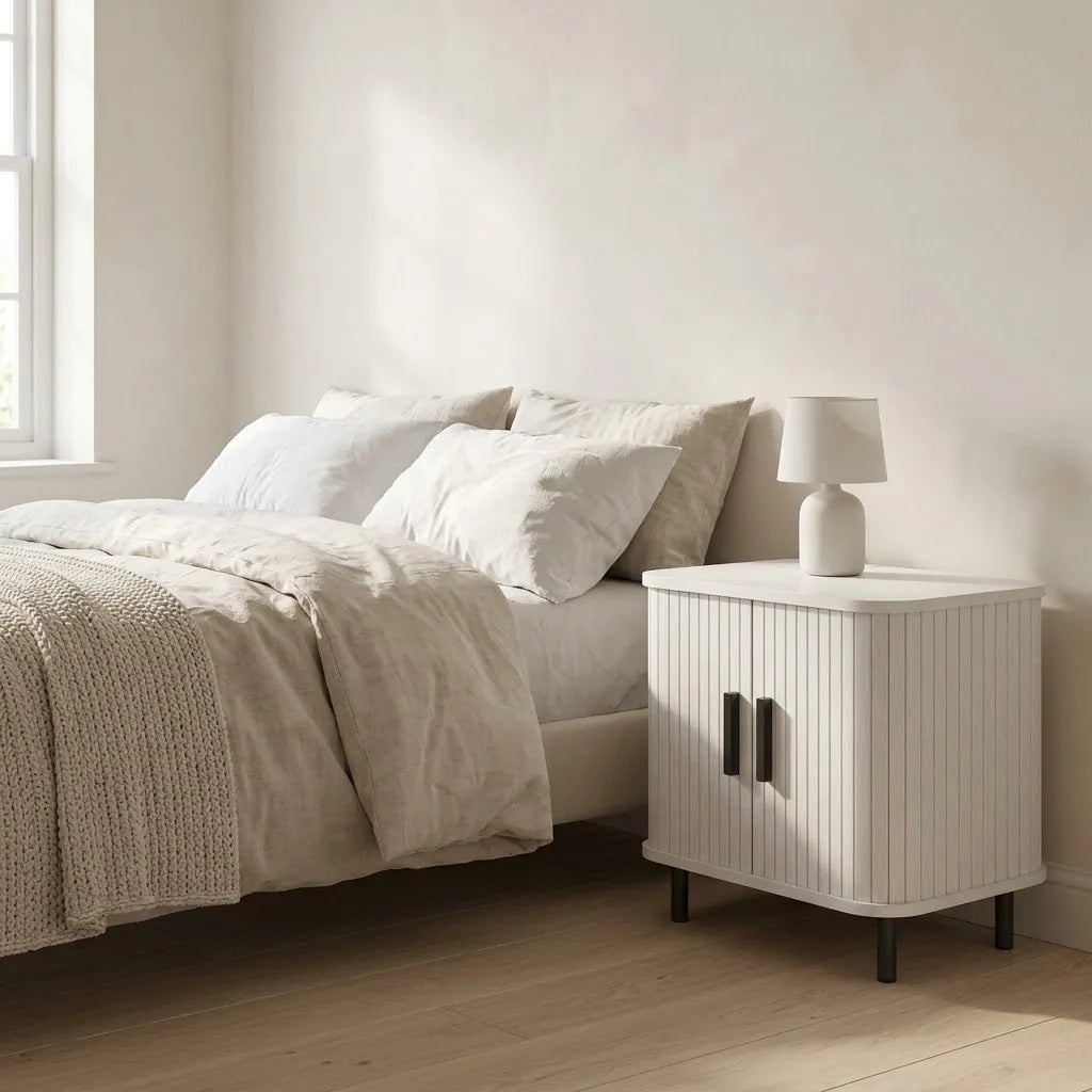 White Bedside Table with Sliding Doors beside a bed with linen bedding, with a table lamp on top