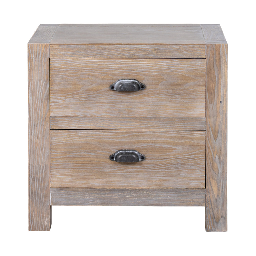 Front view of the wide washed wood bedside table with dark cup handles