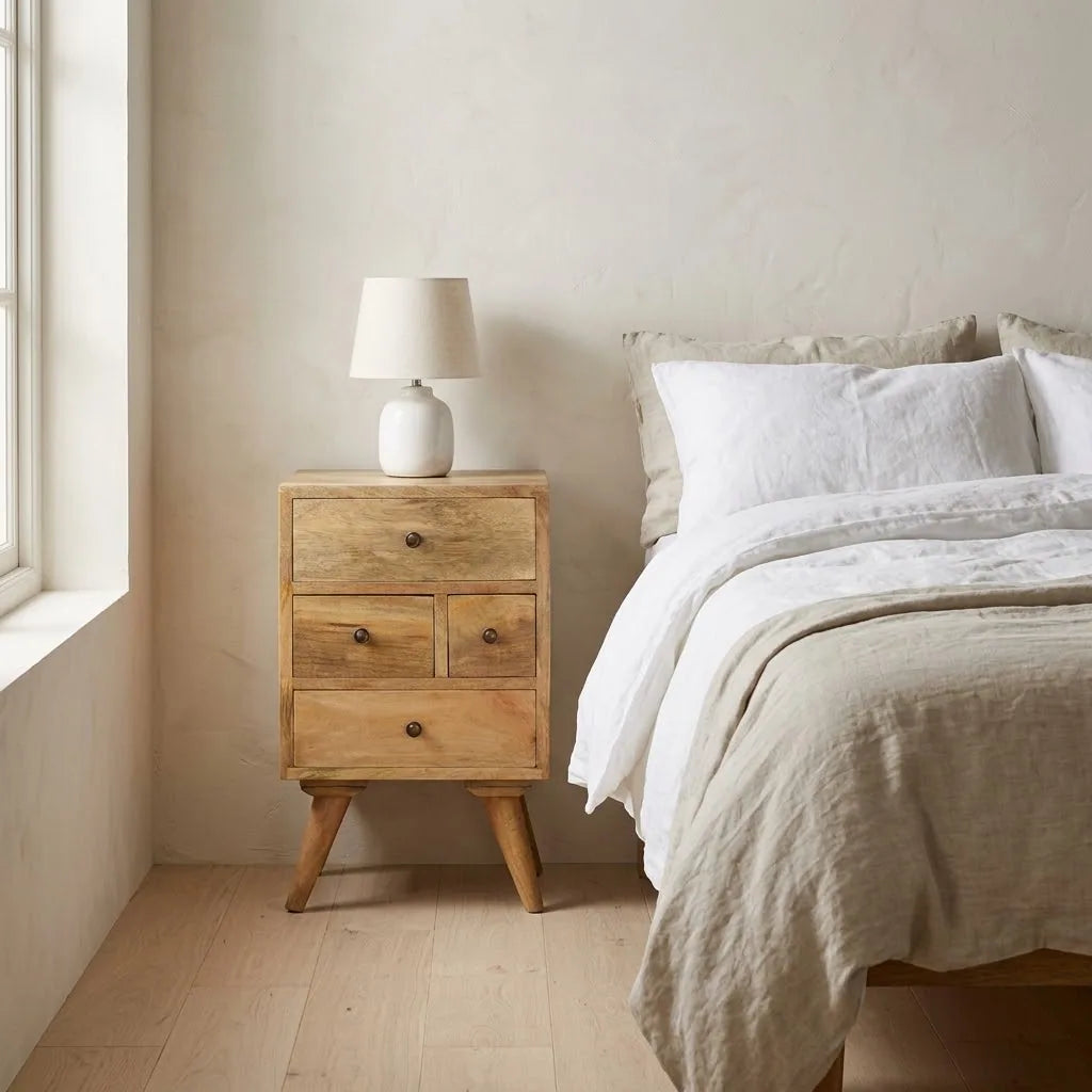 Wye 36 cm Bedside Table beside a bed with linen bedding, with a table lamp on top